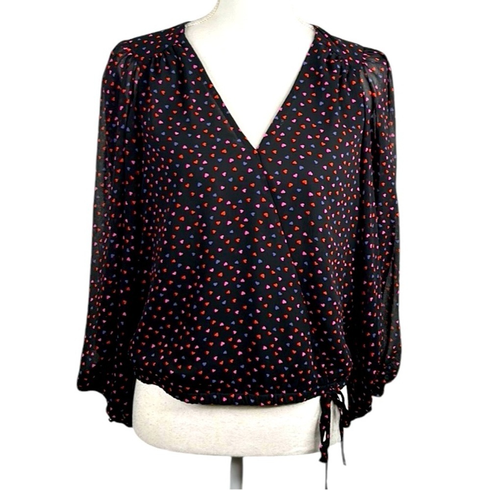 Banana Republic Black Pink Purple Hearts V-Neck Sheer Balloon Sleeve Top Size XS